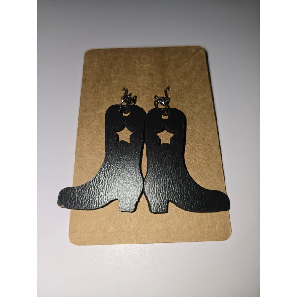 Cowgirl boots earrings black wooden laser cut hook earrings - Picture 2 of 4
